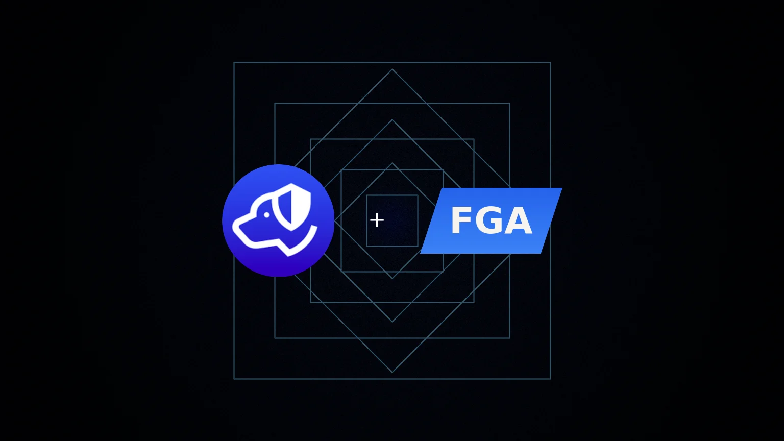 Centered Authdog mark with an angled FGA word plate on a grainy navy wash with nested and rotated squares