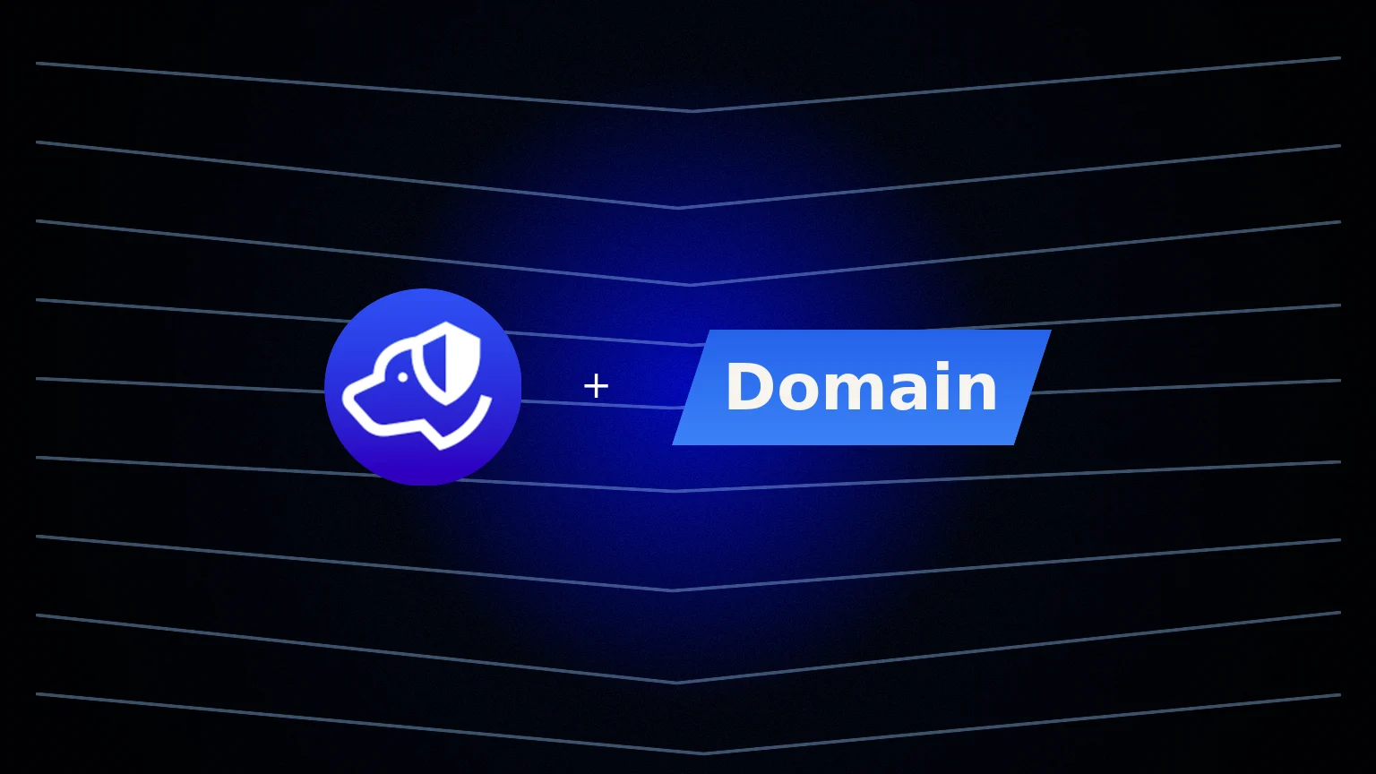 Centered Authdog mark with angled Domain and edge word plates on a grainy navy wash with dashed DNS rings